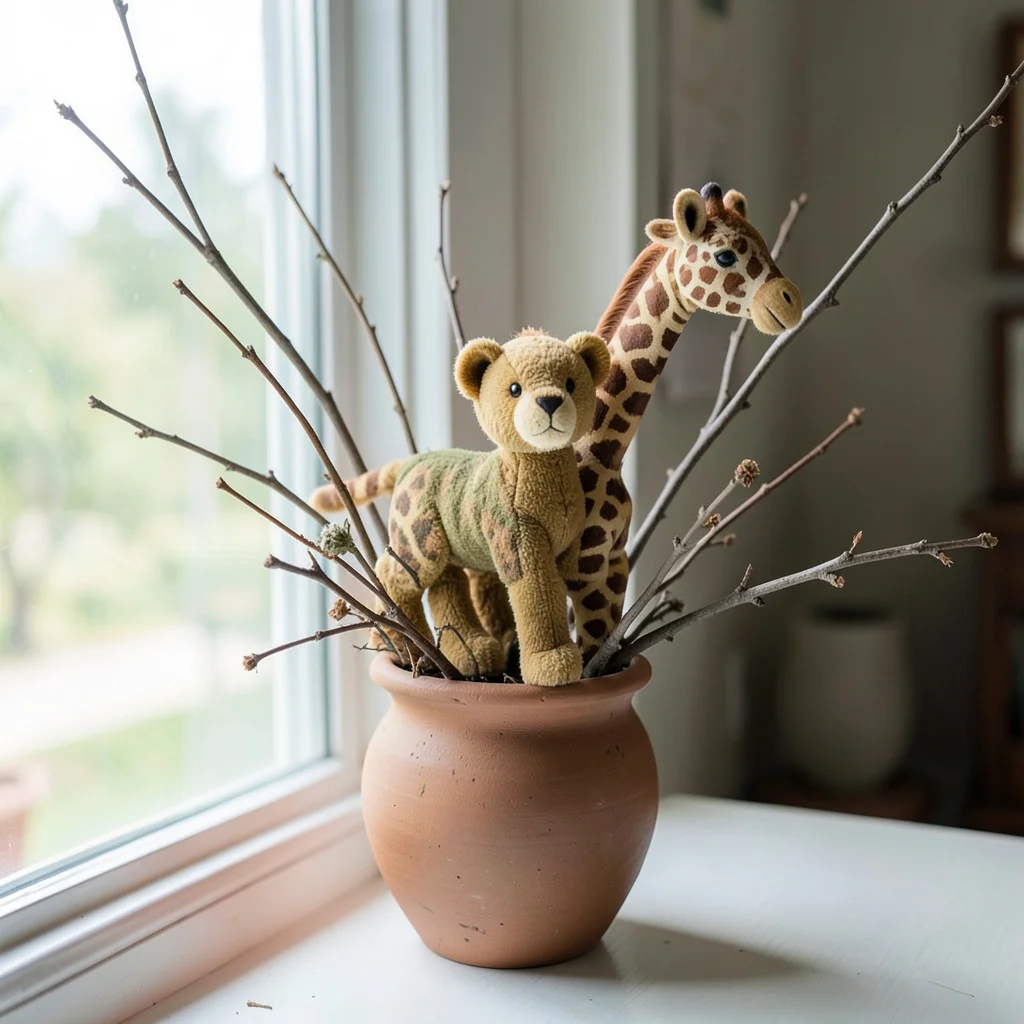 Safari-themed baby shower decor in a home living room