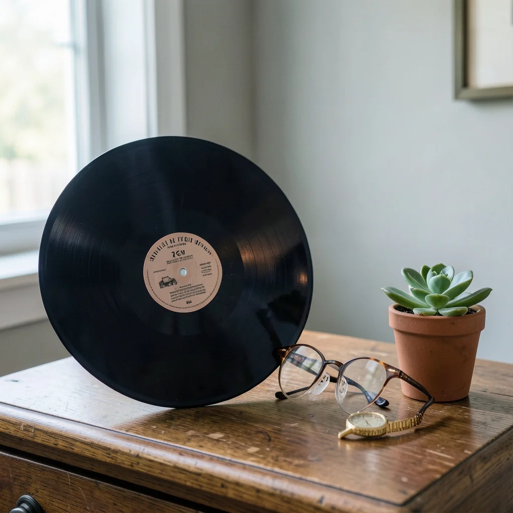 A retirement party playlist on a device, with guests socializing in the background.