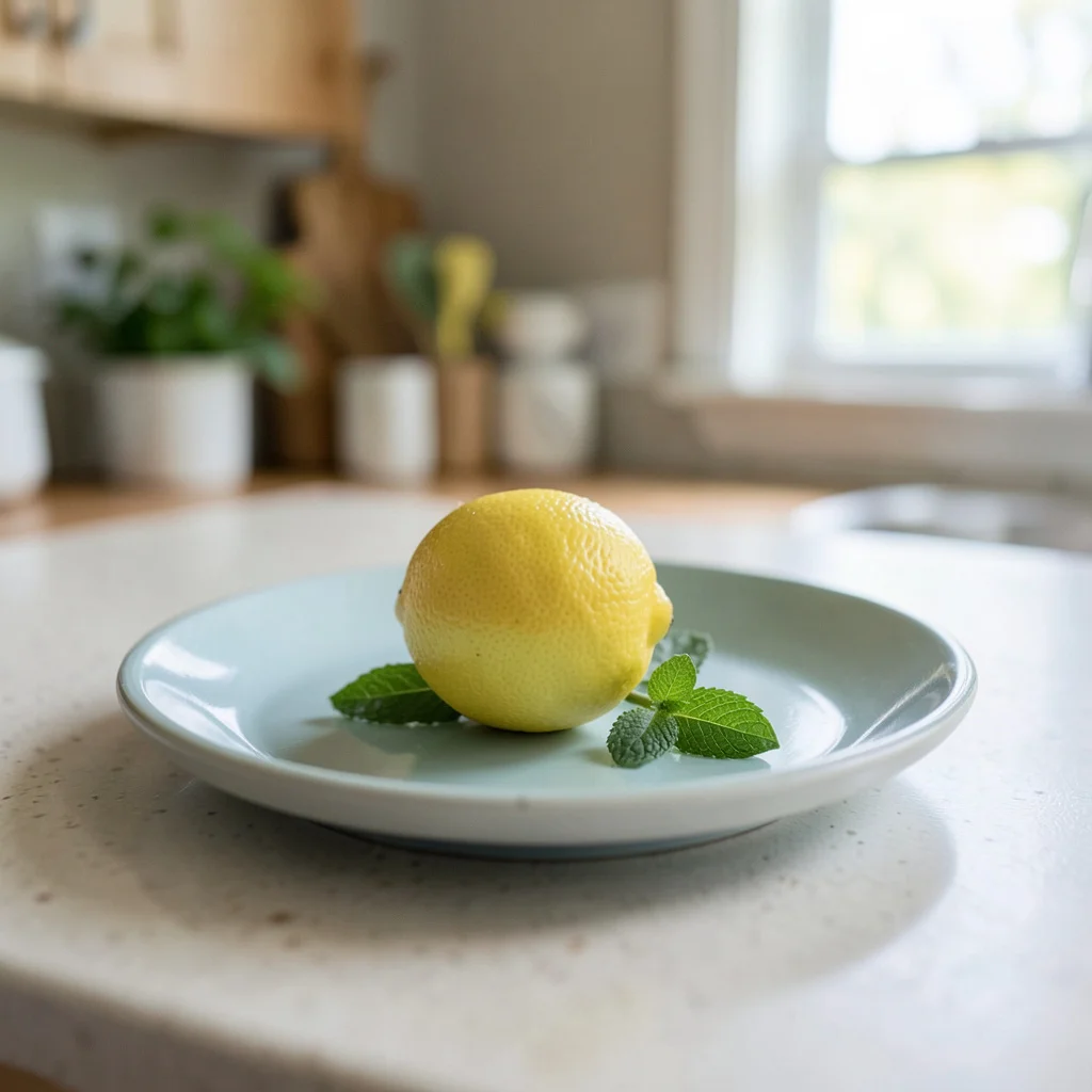 Photograph: A close-up still-life of a single, small lemon and a sprig of fresh mint on a pale blue ceramic plate, with soft yellow and light green accents.