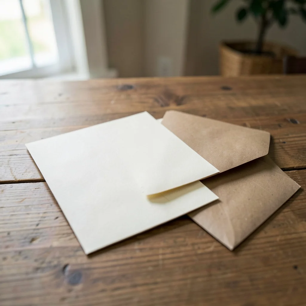 Photograph: A blank cream card and kraft envelope rest on a wooden surface, with soft natural light highlighting the textured paper and simple, clean composition.