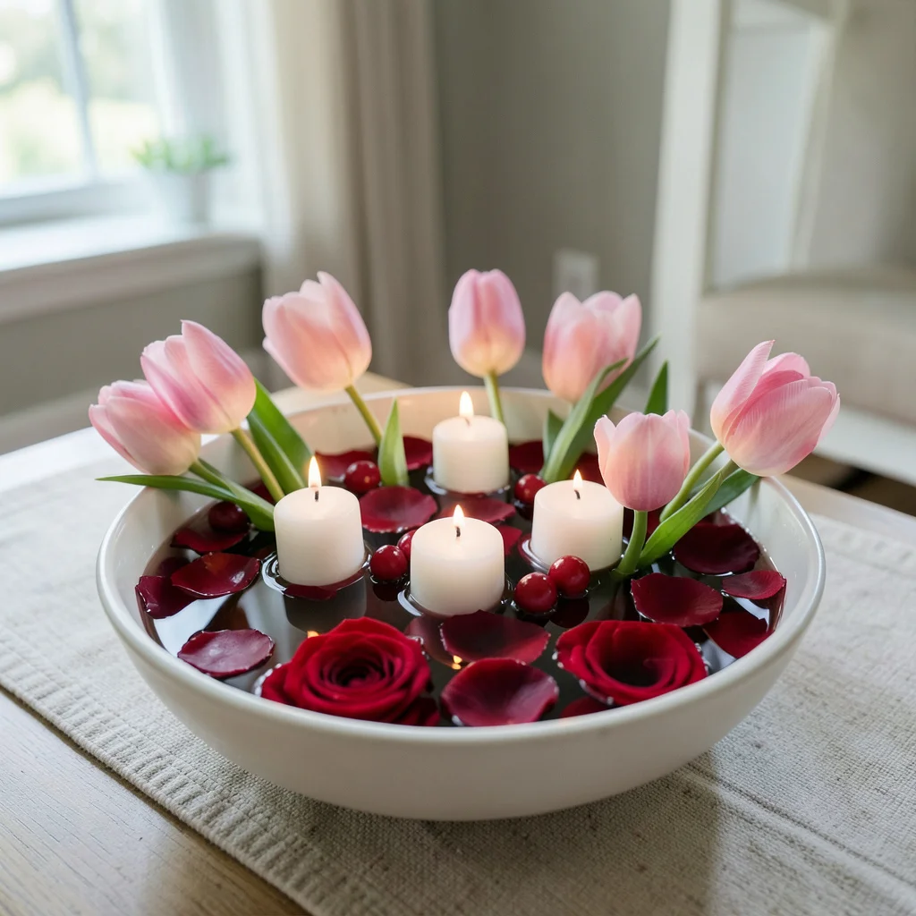 A Valentine's Day table setting with a simple bowl centerpiece featuring floating candles and petals.