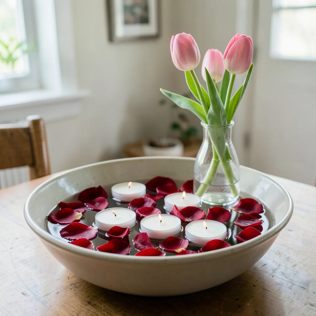 A detailed view of a Valentine's table runner with petals, candles, and a tall floral arrangement.