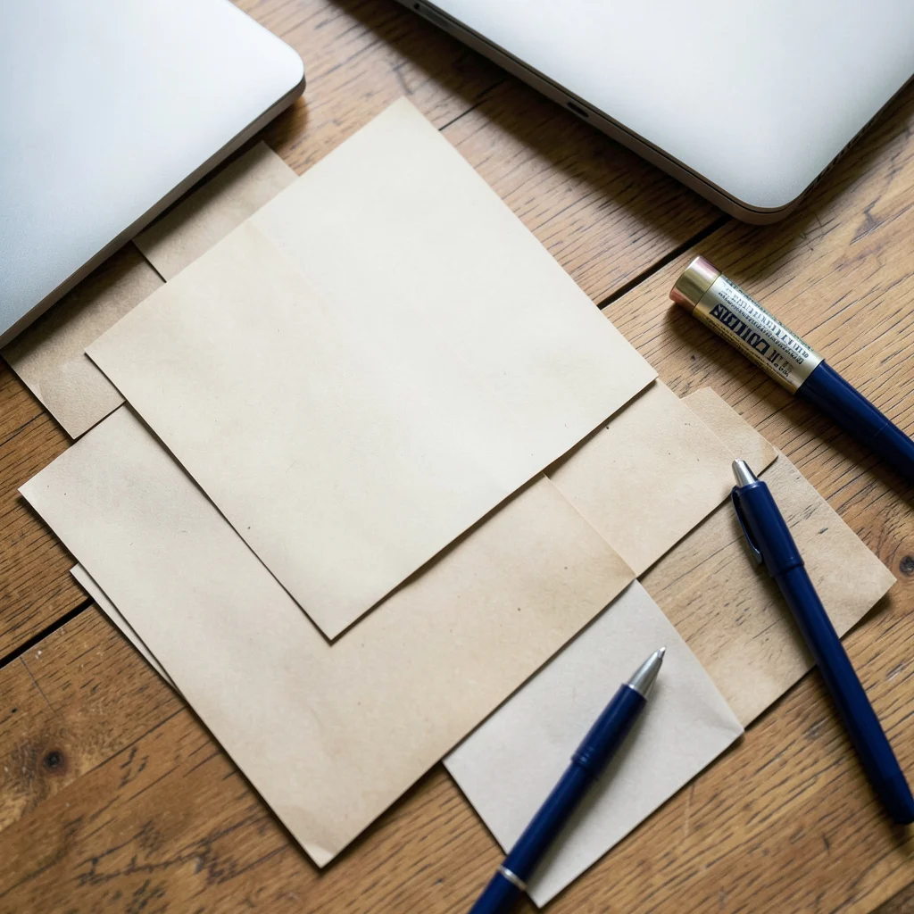 Photograph: A close-up overhead view of blank kraft paper cards and navy pens arranged on a wooden surface, with a closed laptop lid visible in the corner.