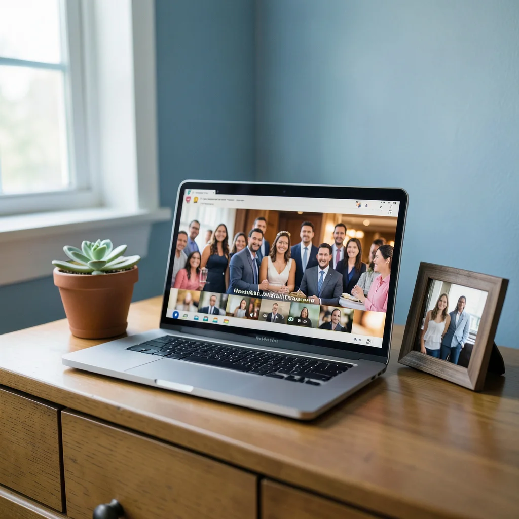 A laptop setup for a virtual retirement party on a dining table.