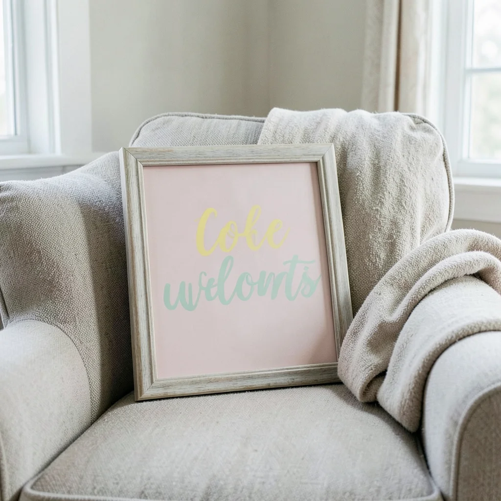 Photograph: A small framed welcome sign leaning against a wall, featuring soft yellow and mint green lettering on a pale pink background.