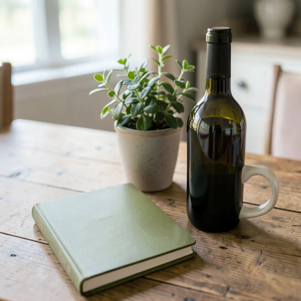 A gift bag and plant by a front door, symbolizing a housewarming arrival.
