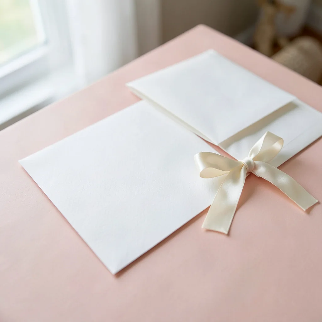 A handwritten bridal shower card on a wrapped gift.