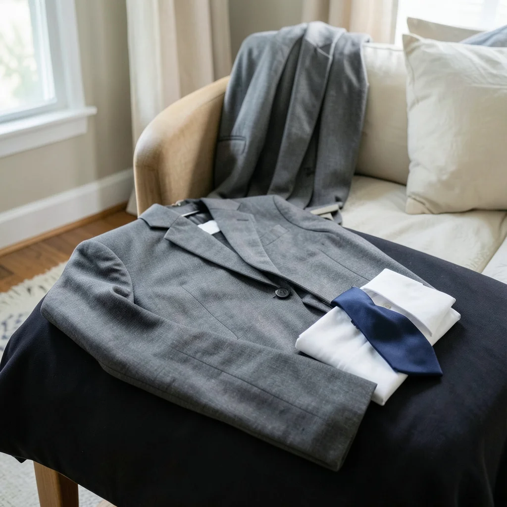 A dark suit and shirt arranged for a funeral.