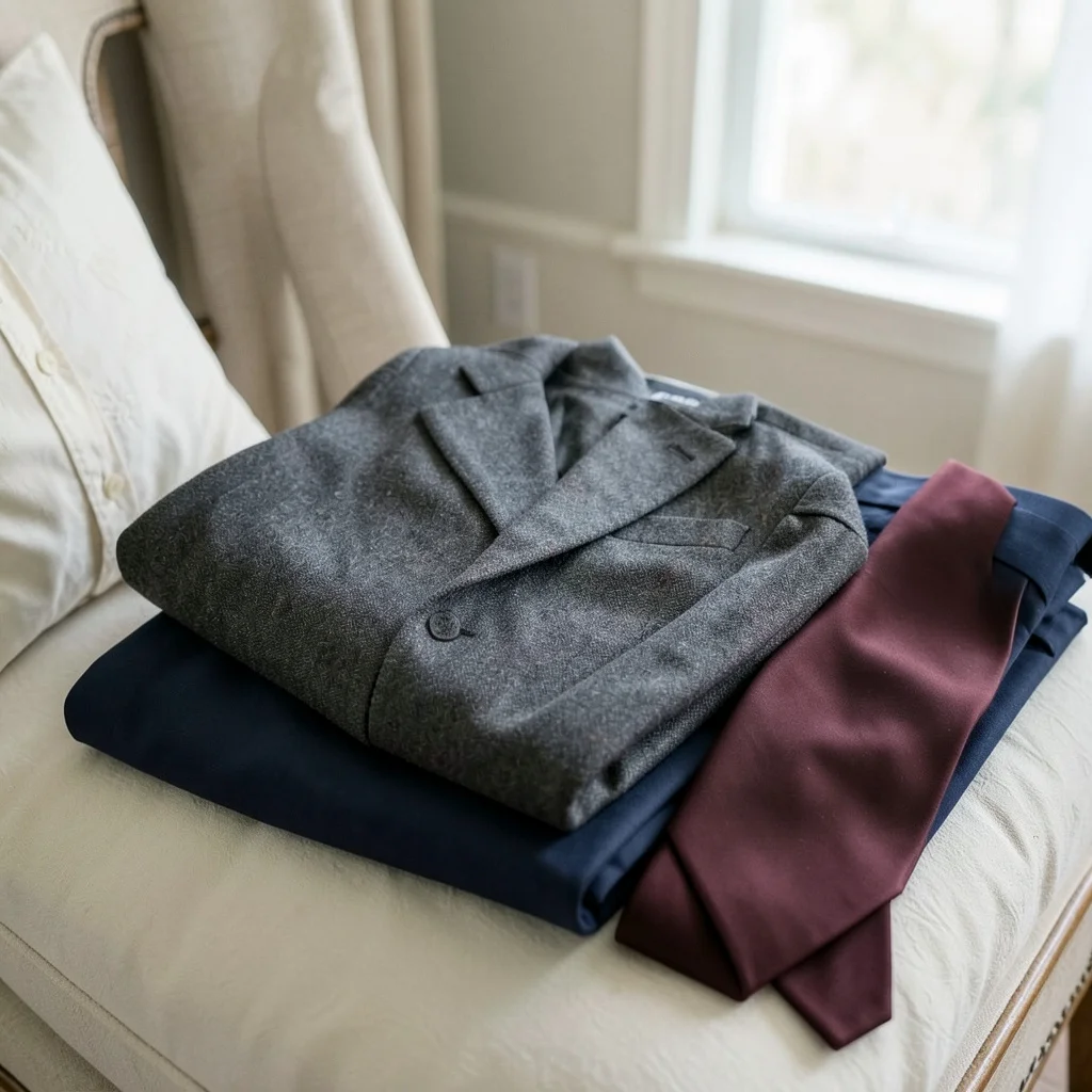 Respectful clothing options for a memorial service laid out on a bed.