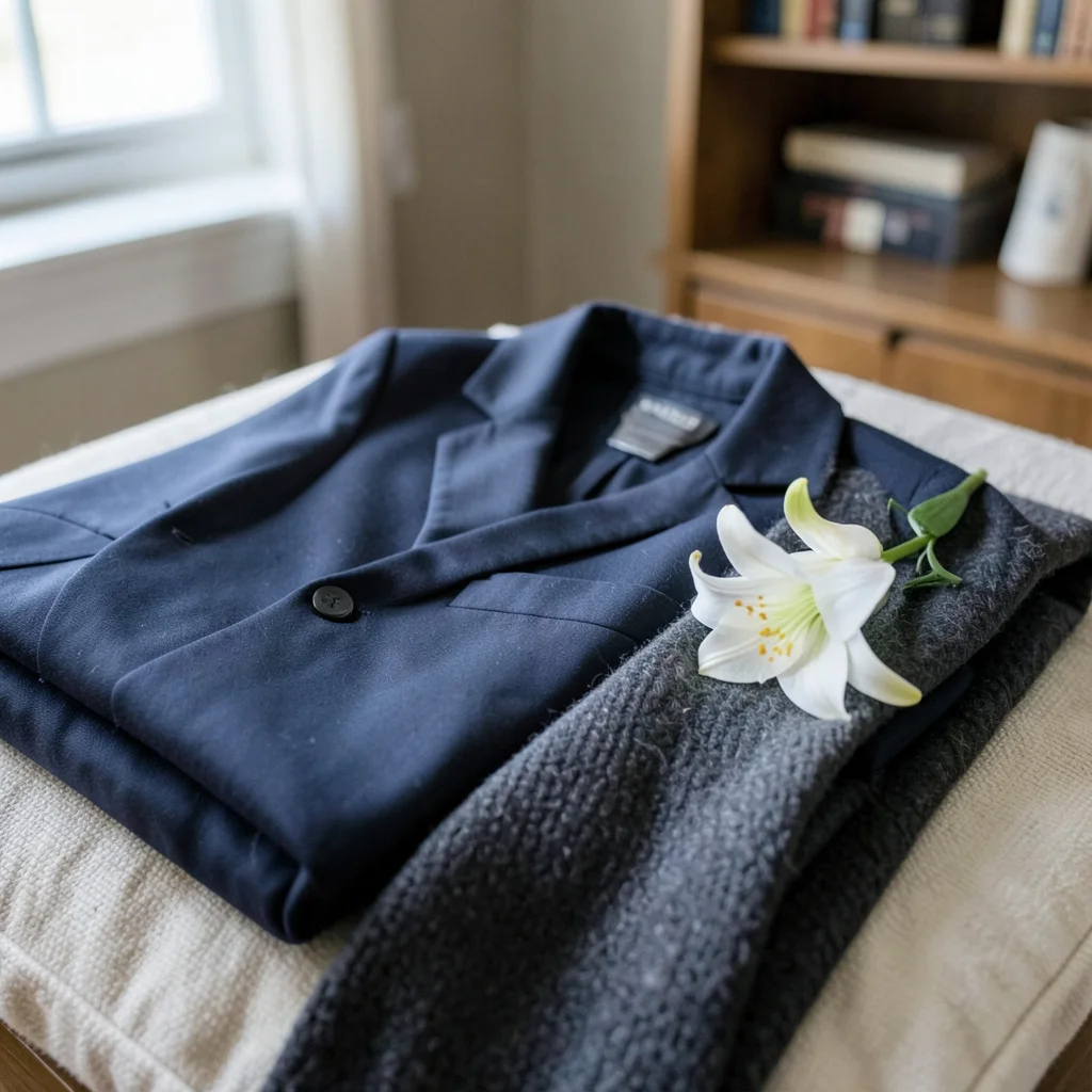 Examples of respectful memorial service outfits for women and men.