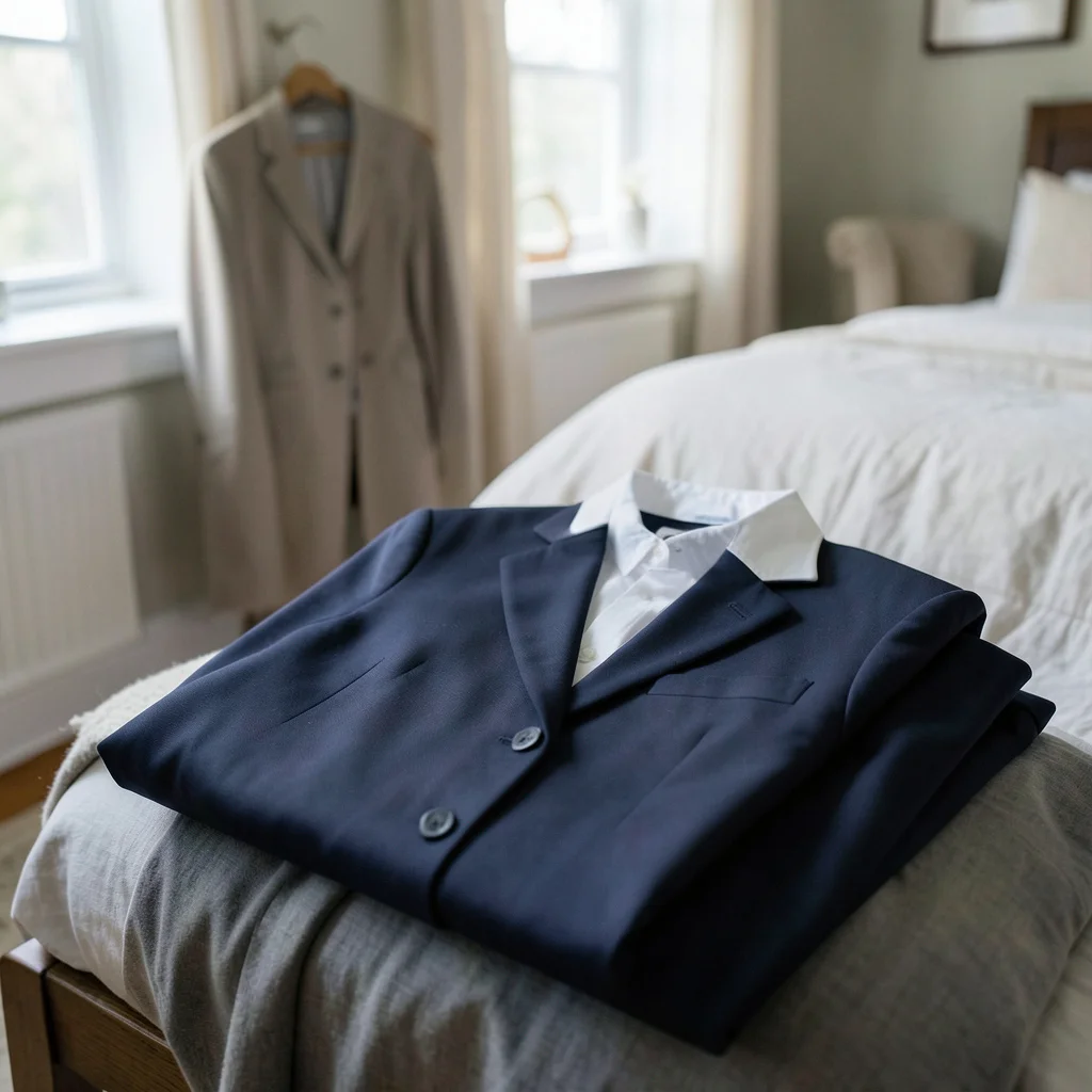 Respectful attire options for a viewing, including a blazer and shoes.