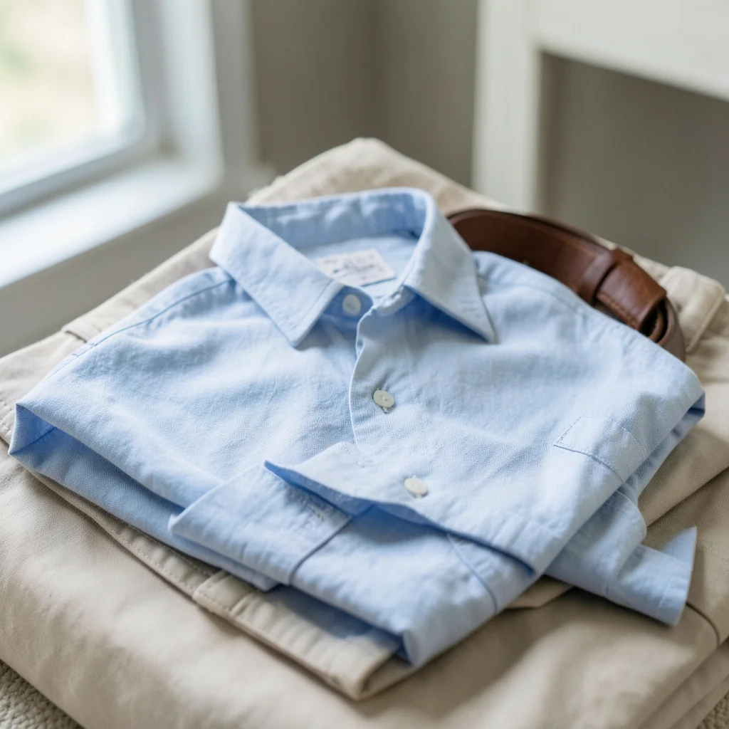 A flat lay of a casual wedding outfit for men including dark jeans, a polo, and sneakers.