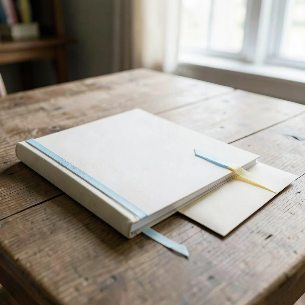 An open baby shower guestbook with a pen, ready for messages.