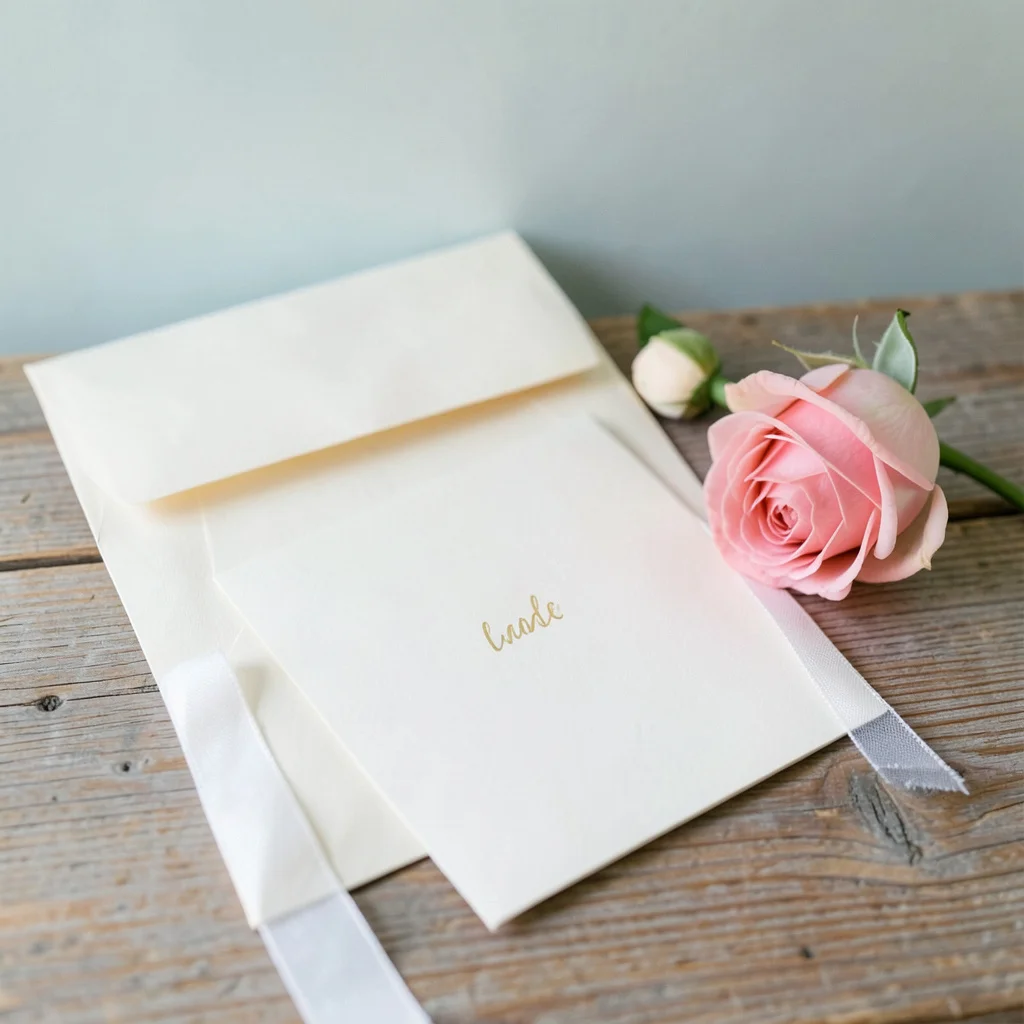 A baptism card for a baby girl resting on a wooden table.