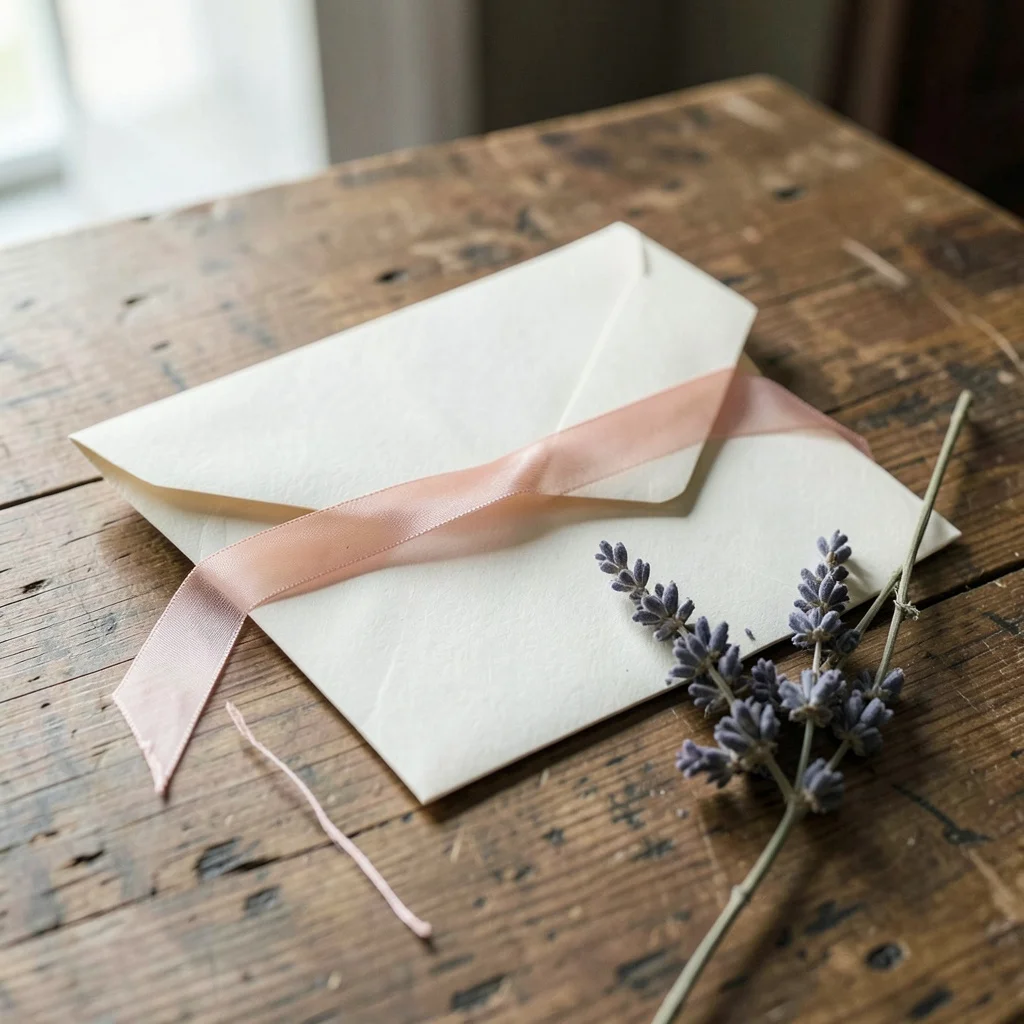 A handwritten bridal shower card on a gift table.