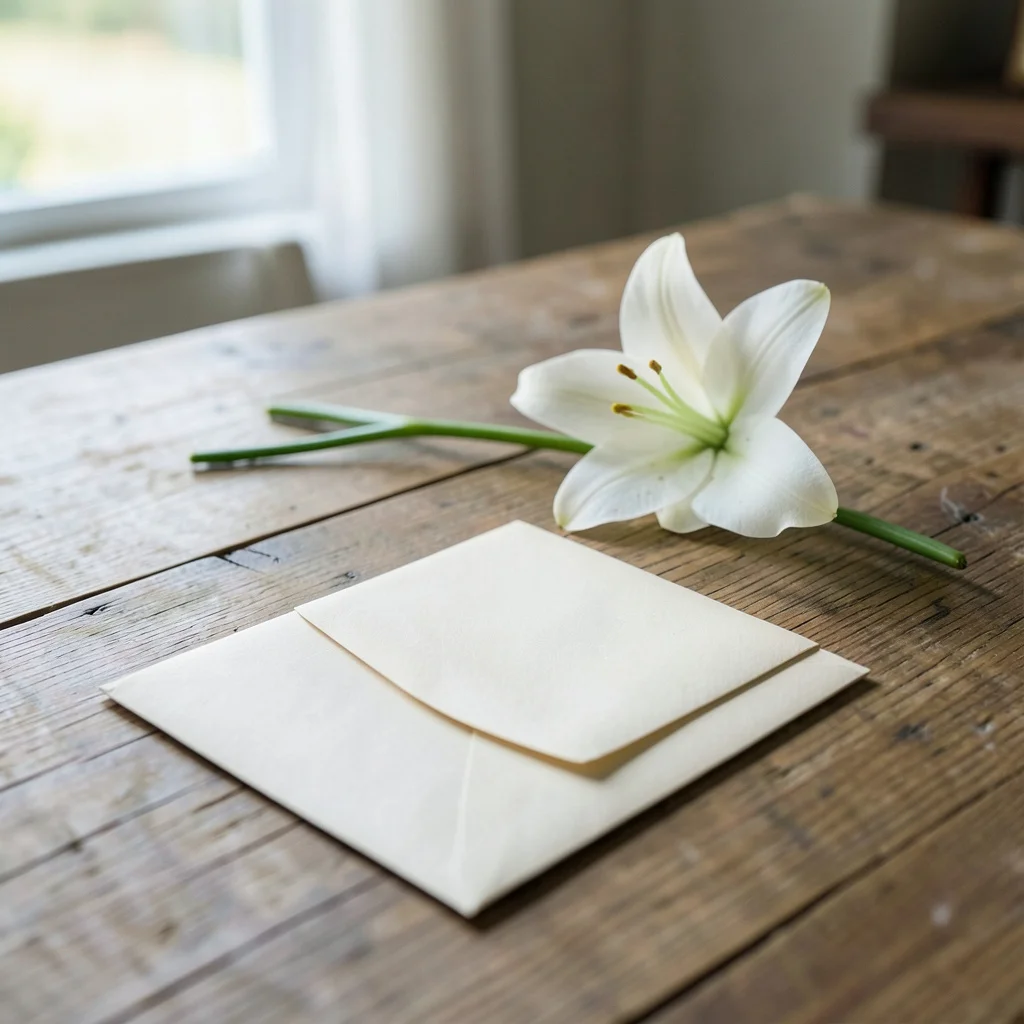 A sympathy card with flowers on a wooden table.