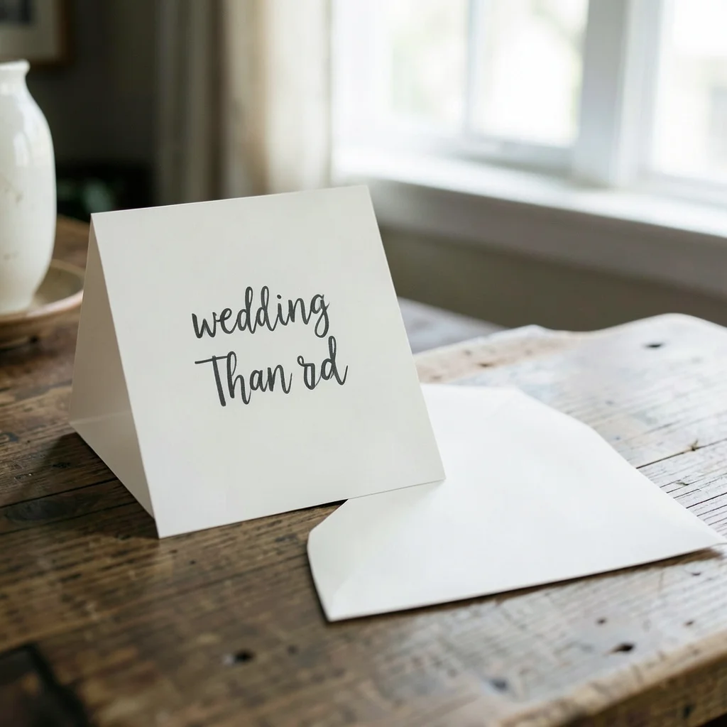 A wedding thank you card open on a table with a pen.