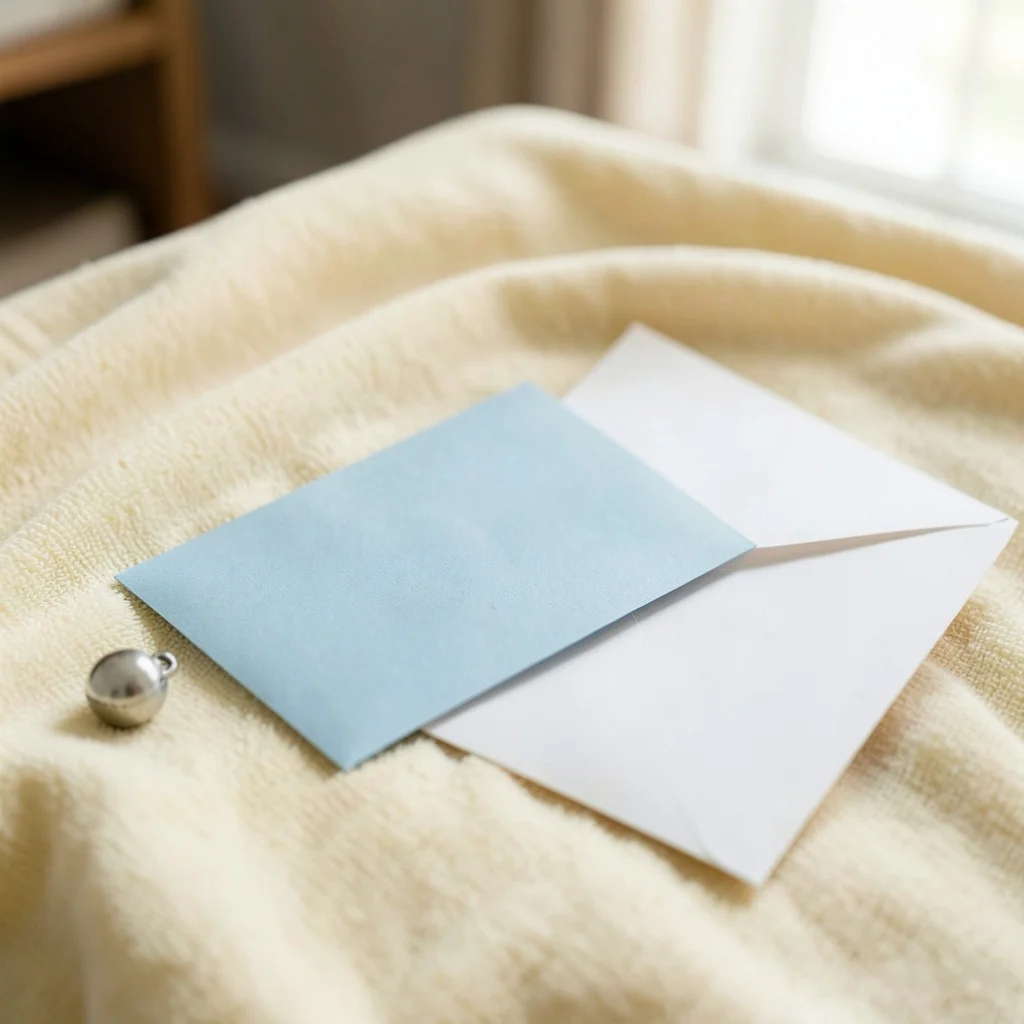 A handwritten thank you card for a baby shower placed on a soft baby blanket.