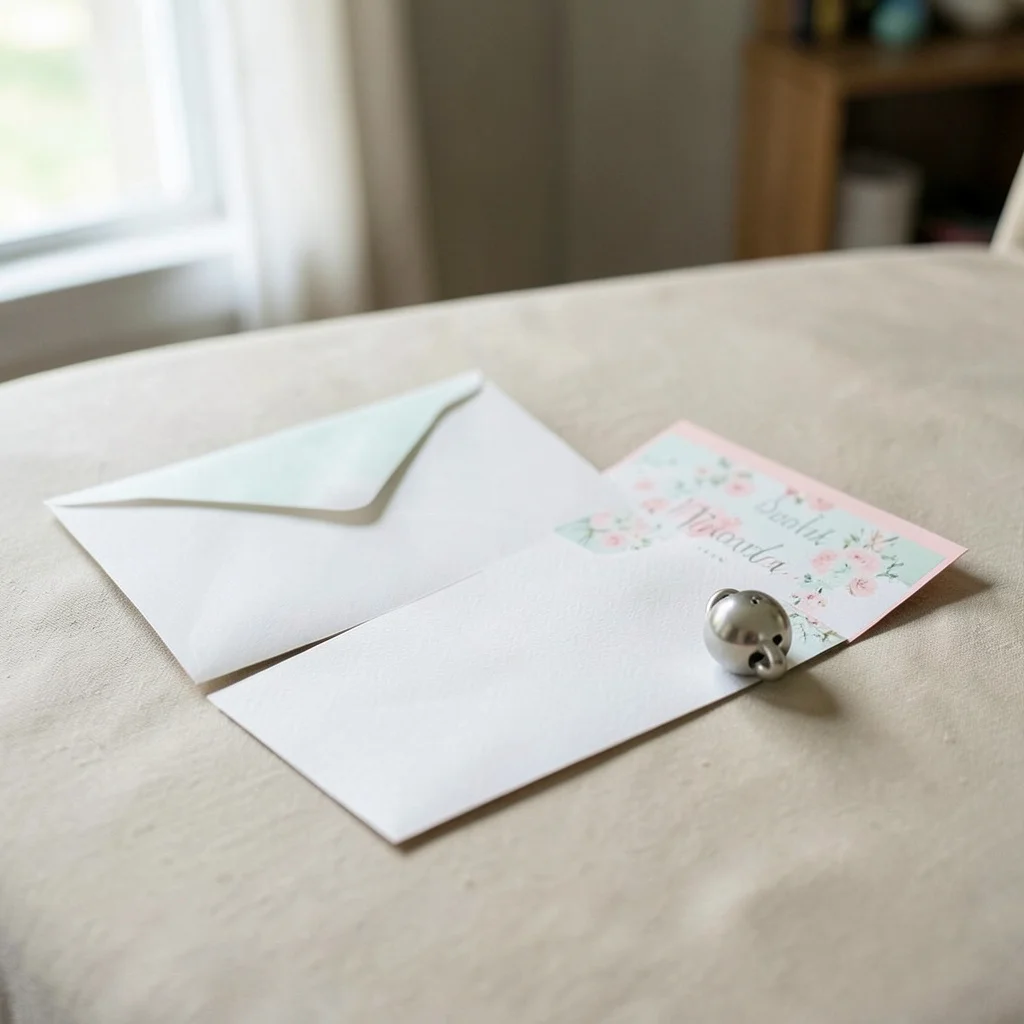 A hand writing a message inside a blank baby shower card.
