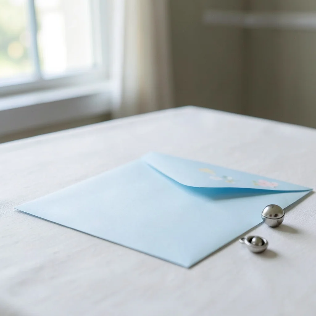 A baby shower card with a handwritten note next to a baby sock.