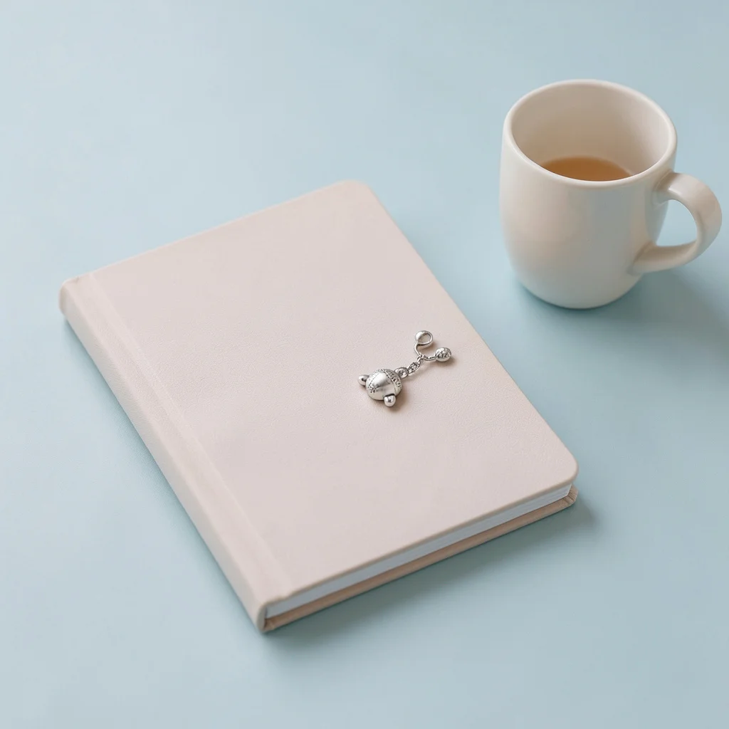 Photograph: A closed, soft-covered pastel notebook with a tiny silver rattle charm on the front, set on a pale blue background.