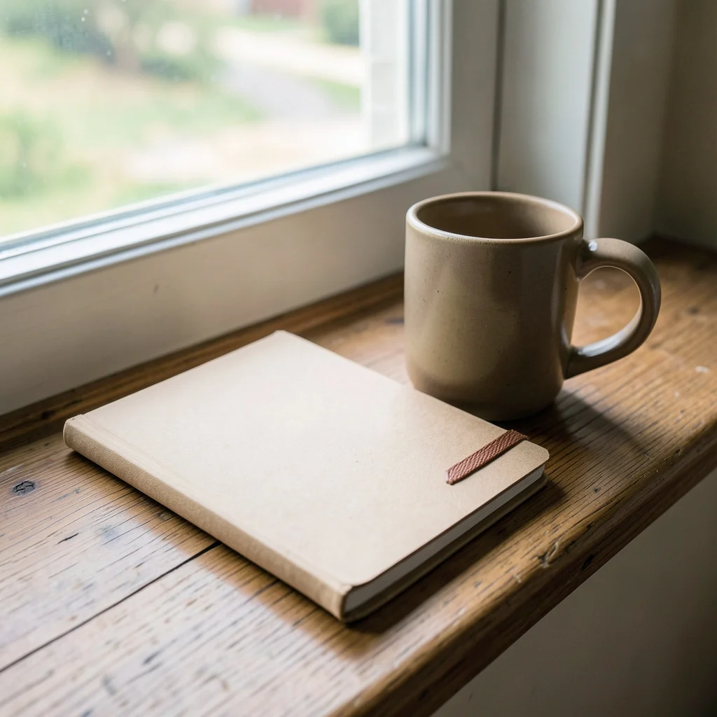 Photograph: A kraft notebook lies closed on a wooden windowsill, with an oatmeal-colored ceramic mug beside it, both bathed in soft morning light.