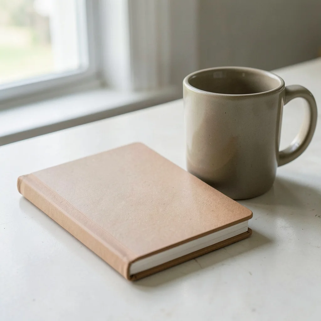 Photograph: A closed, oatmeal-colored notebook lies next to a simple ceramic mug on a plain surface, tightly cropped to show texture and subtle shadows.