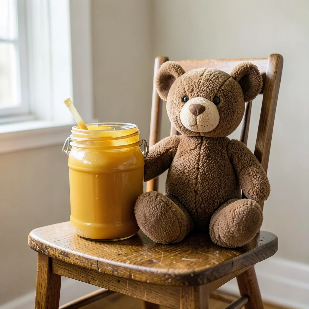 Photograph: A honey pot and a plain brown plush bear sit on a wooden chair, showcasing honey gold, kraft brown, and oatmeal knit textures.