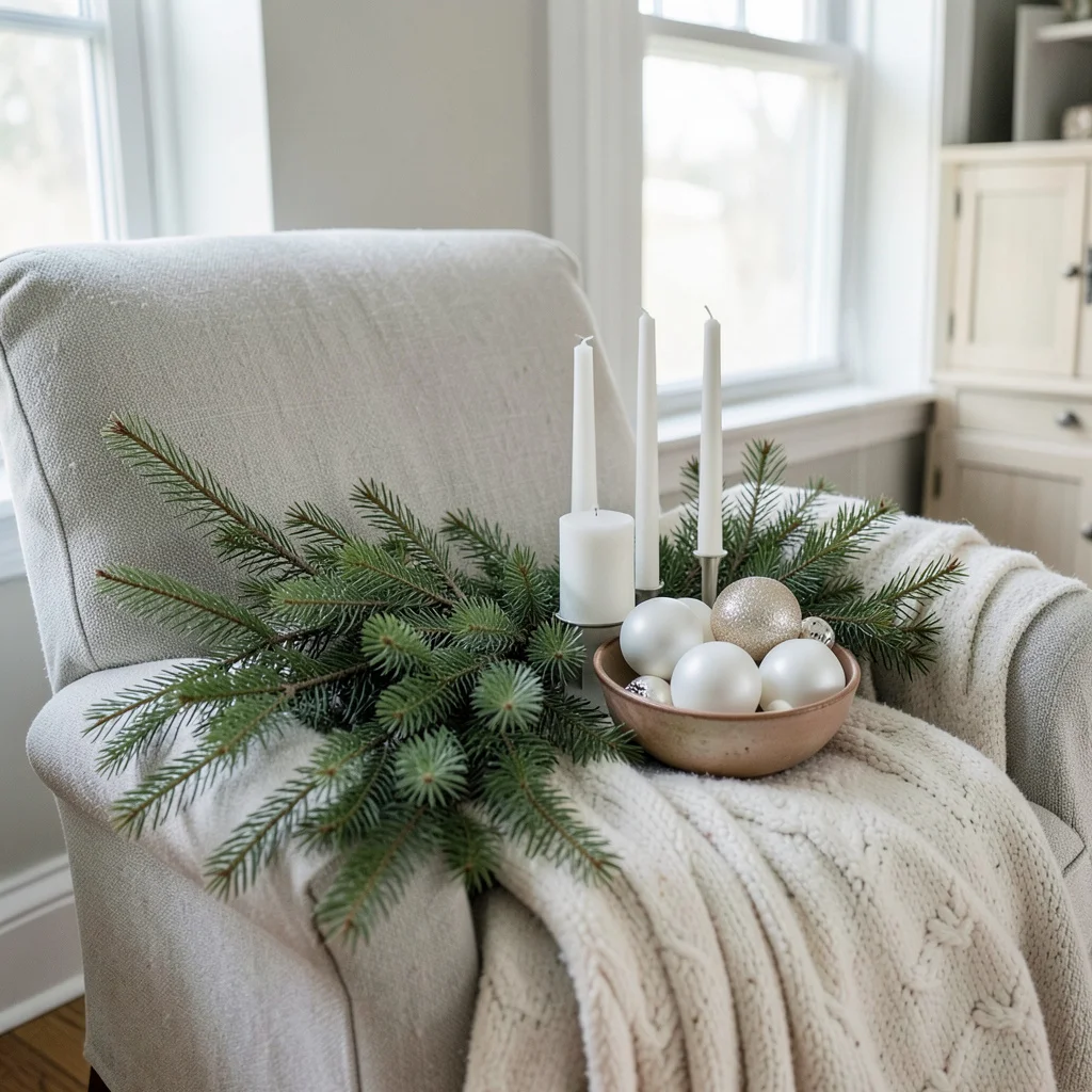 Photograph: A close-up still-life of pine branches and a bowl of silver ornaments on a white tablecloth, with soft cool daylight illuminating the pine green and white scene.