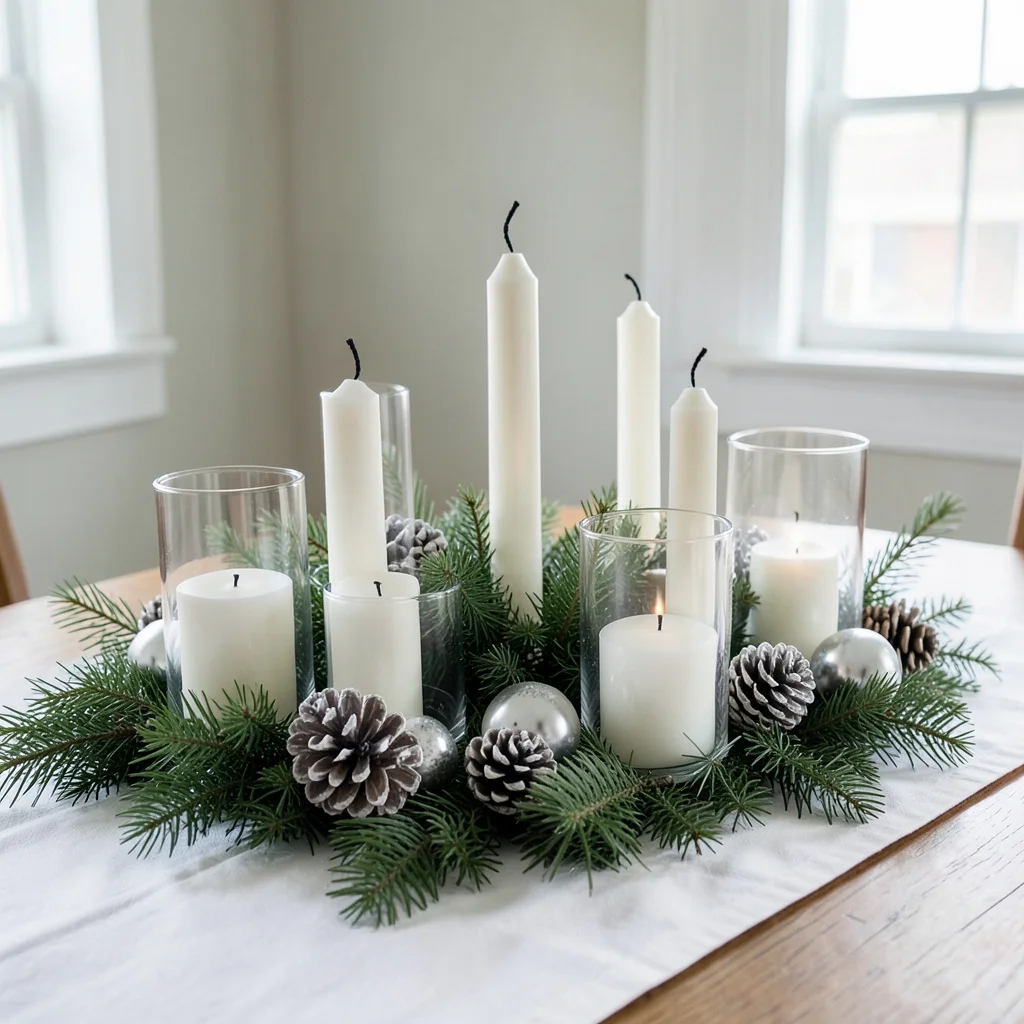 A winter wonderland dining table centerpiece with candles and pinecones.