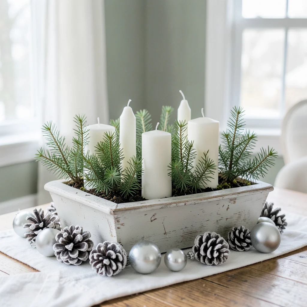 A rustic winter centerpiece in a tray with birch logs and candles.