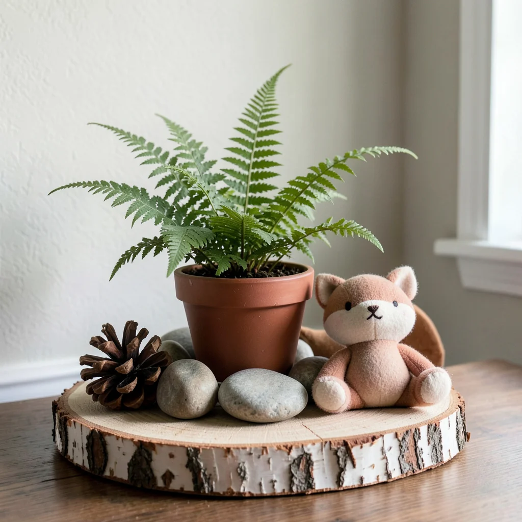A rustic woodland-themed table setting for a baby shower, featuring natural textures and greenery.